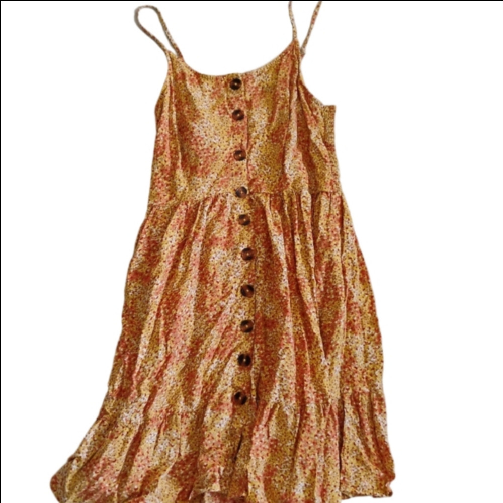 Japna Women's Large Yellow and Orange Floral Dress With Button Down And Stretch